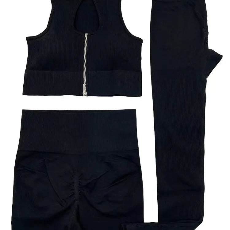 2PCS Seamless Frosted Yoga Sets Sports Fitness Beauty Back Bra High Waist Hip-lifting Leggings Suits Gym Shorts Sets for Women 3PCS Black