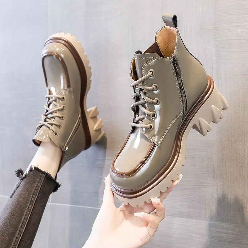 Punk Style Combat Platform Female Ankle Boots Chunky Elastic with Laces Lace-up Booties Footwear Short Shoes for Women New