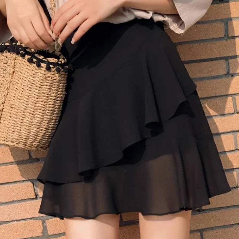 Womens Skirt Ruffle Skirts for Women Black Beach Clothing Chiffon Fashion Premium Luxury A Line Summer New in Korean Style