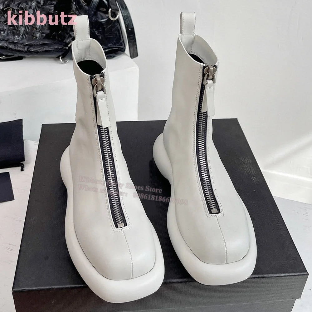 Thick Bottom Front Zipper Ankle Boots Height Increasing Round Toe Solid Genuine Leather Fashion Elegant British Style Women Shoe