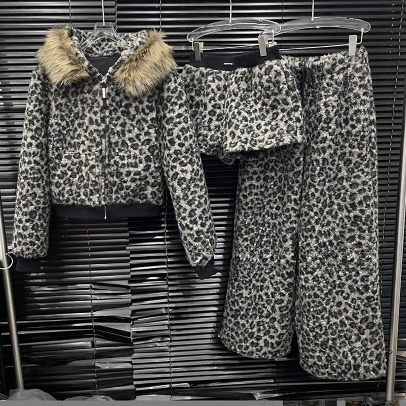 Winter New Leopard Print Lamb Wool Warm Short Coat For Women Elastic Waist Shorts Casual Long Pants Female 11A07616