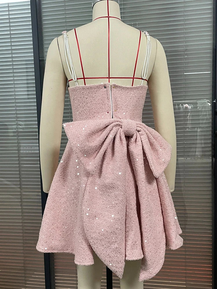 Sequins Bow Backless Sexy Mini Dress For Women Robe Fashion Square Collar Sleeveless High Waist A-line Club Dress Pink