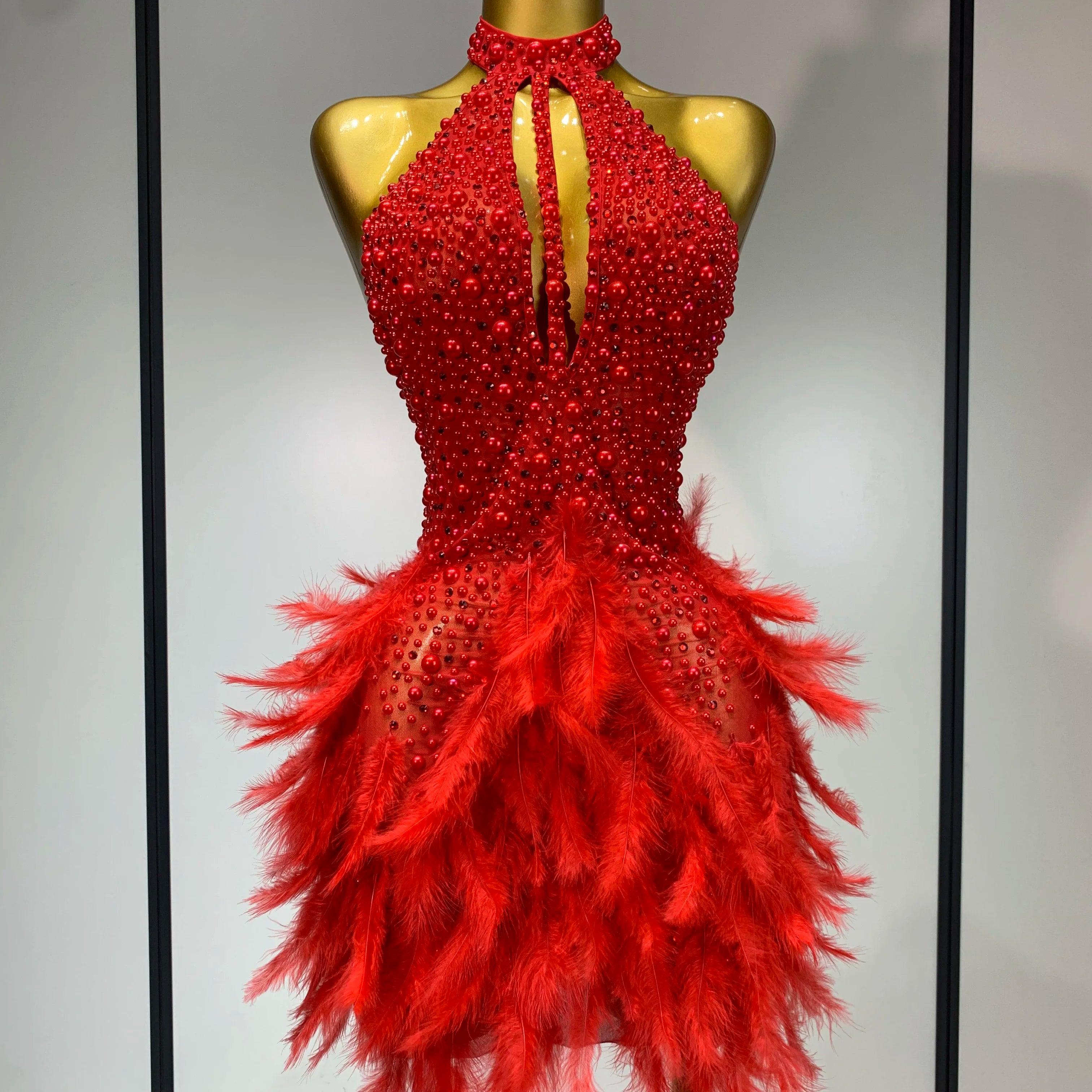 Luxury Rhinestones Pearls Halter Backless Short Feathers Dress Women Sexy Celebrate Birthday Dress Performance Dance Costume Red