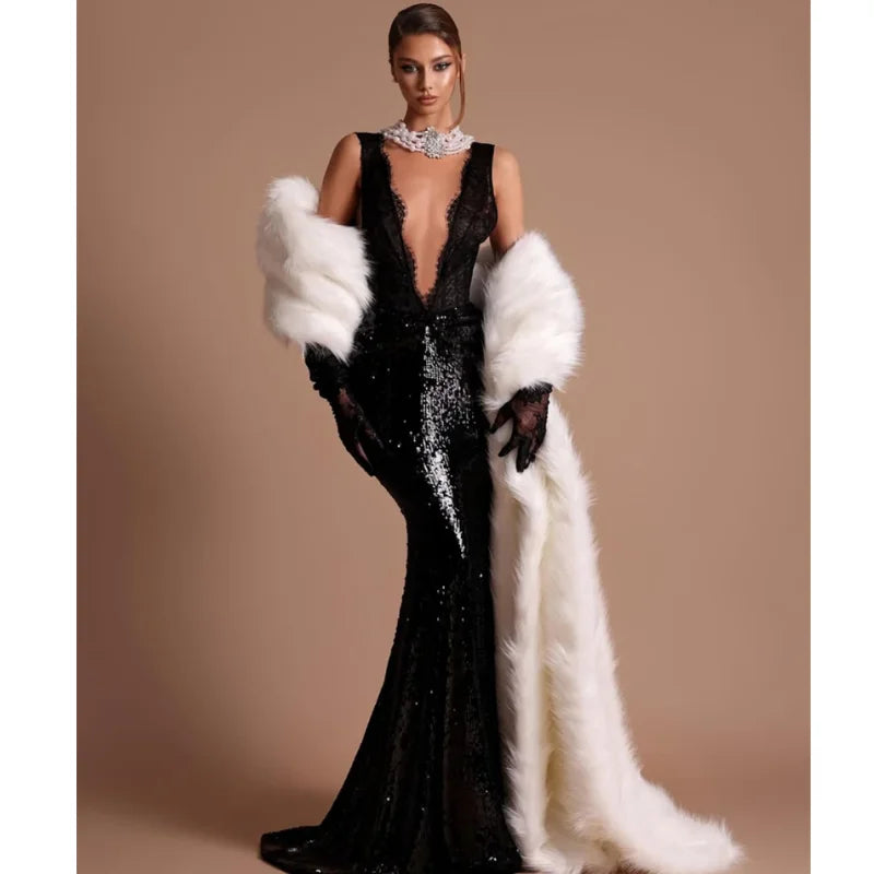 2025 Black Lace Patchwork Sequins Sexy V-Neck Mermaid Floor Length Dress Fashion Woman Party Dress Celebrity banquet Outfit