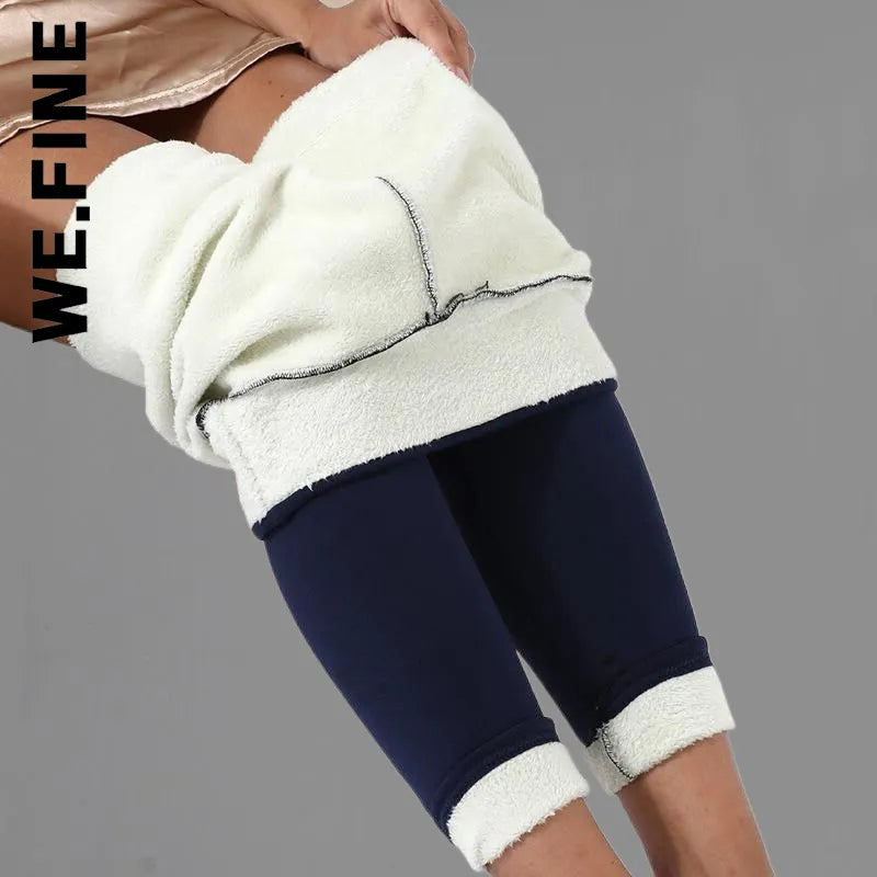 We.Fine Winter Women Thicken Warm Leggings Thick Velvet Fleece Pants High Waist Female Thermal Leggins Cold Resistant Pants navy leggings