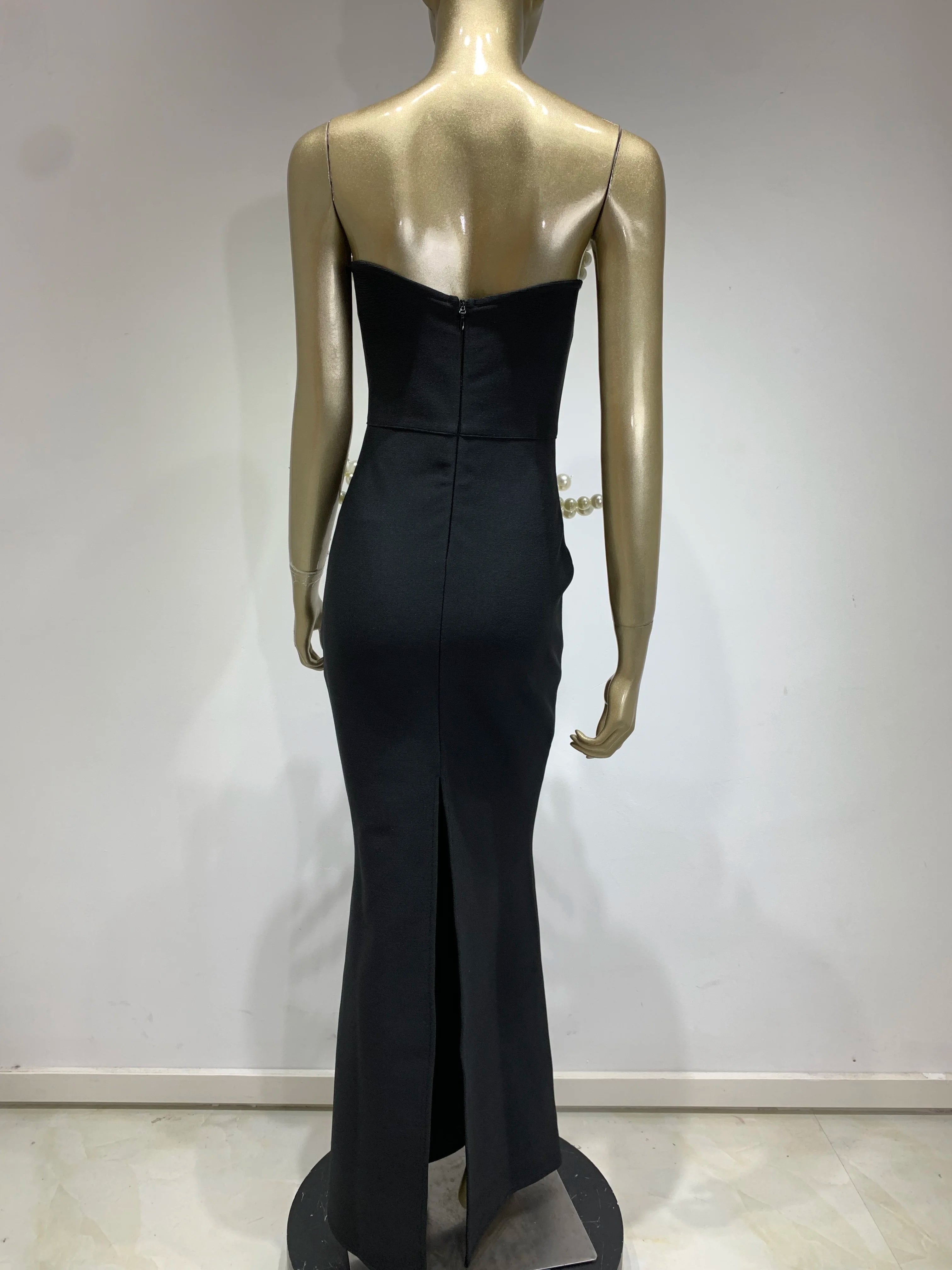 Women Celebrity Sexy Backless Strapless Black Pearl Maxi Long Bandage Bodycon Dress 2025 Elegant Evening Club Party Outfit
