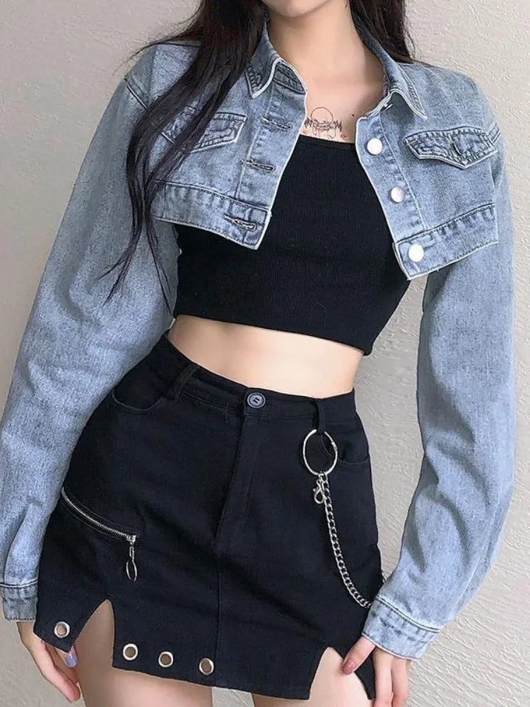 Deeptown Vintage Long Sleeve Crop Denim Jacket Women Fashion Jeans Bomber Jackets Cardigan Coat Spring Casual Coats Clothes
