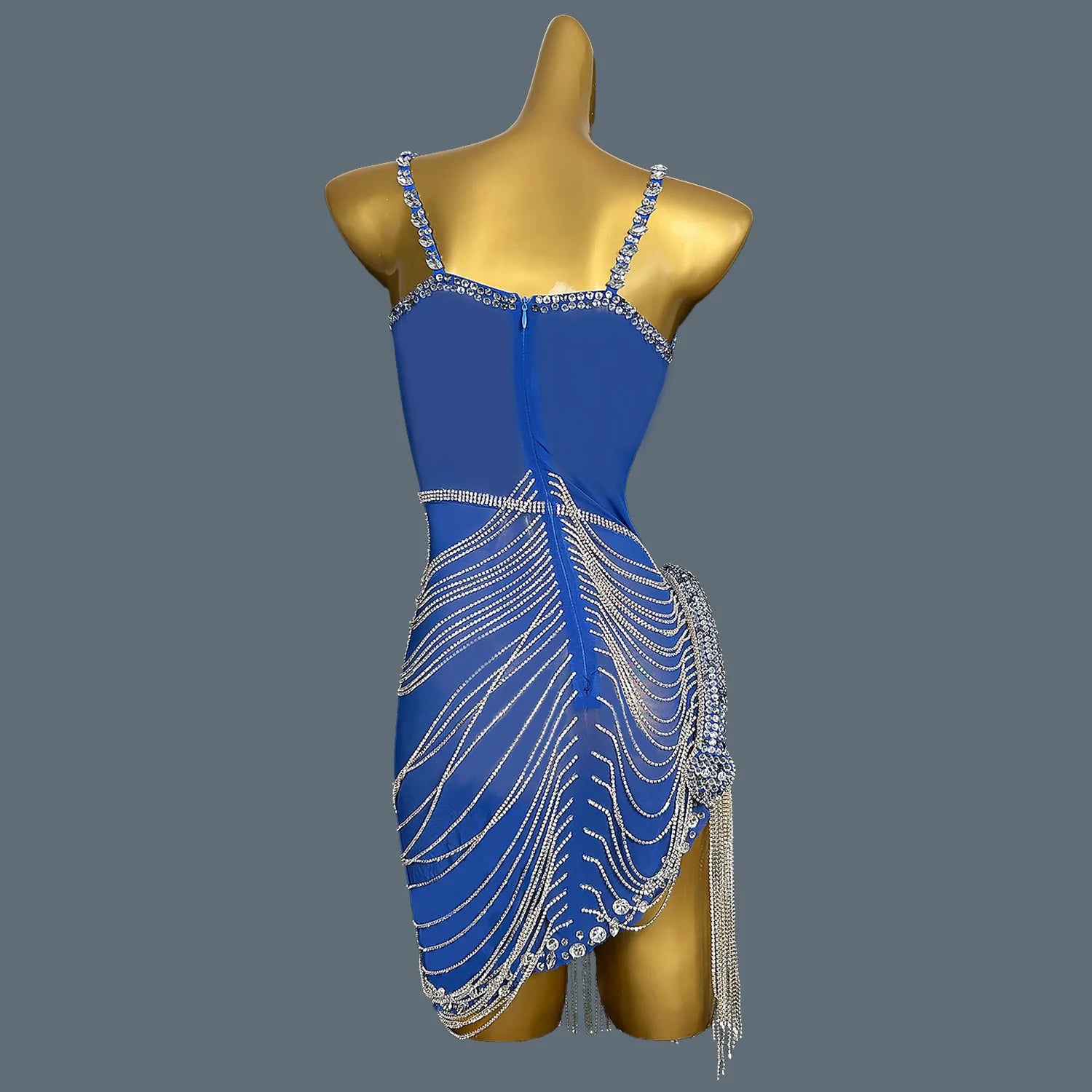 Women Shiny Blue Crystal Chain Diamonds Dress Elastic Sexy Mini Night Club Performance Costume Birthday Party Dress Tassel Liehu
