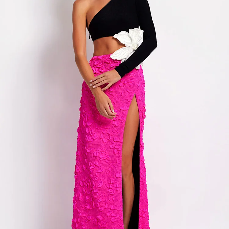 Fashion Party Dresses For Women 2023 Autumn Winter Sexy One Shoulder Long Sleeves High Waist Big Flower Decoration Gowns