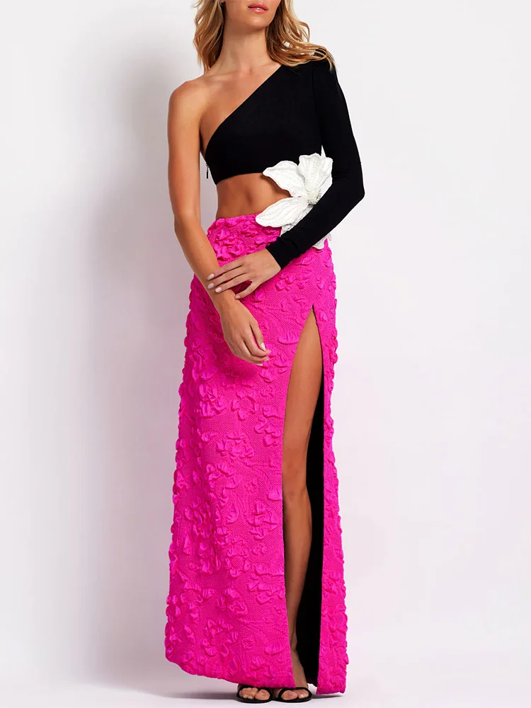 Fashion Party Dresses For Women 2023 Autumn Winter Sexy One Shoulder Long Sleeves High Waist Big Flower Decoration Gowns