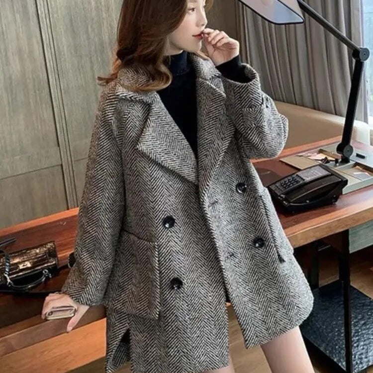 Woolen Cloth Women's Coat 2024 Autumn Winter Korean British Style Retro Thicken Mid Length Version Woman Clothing Gray