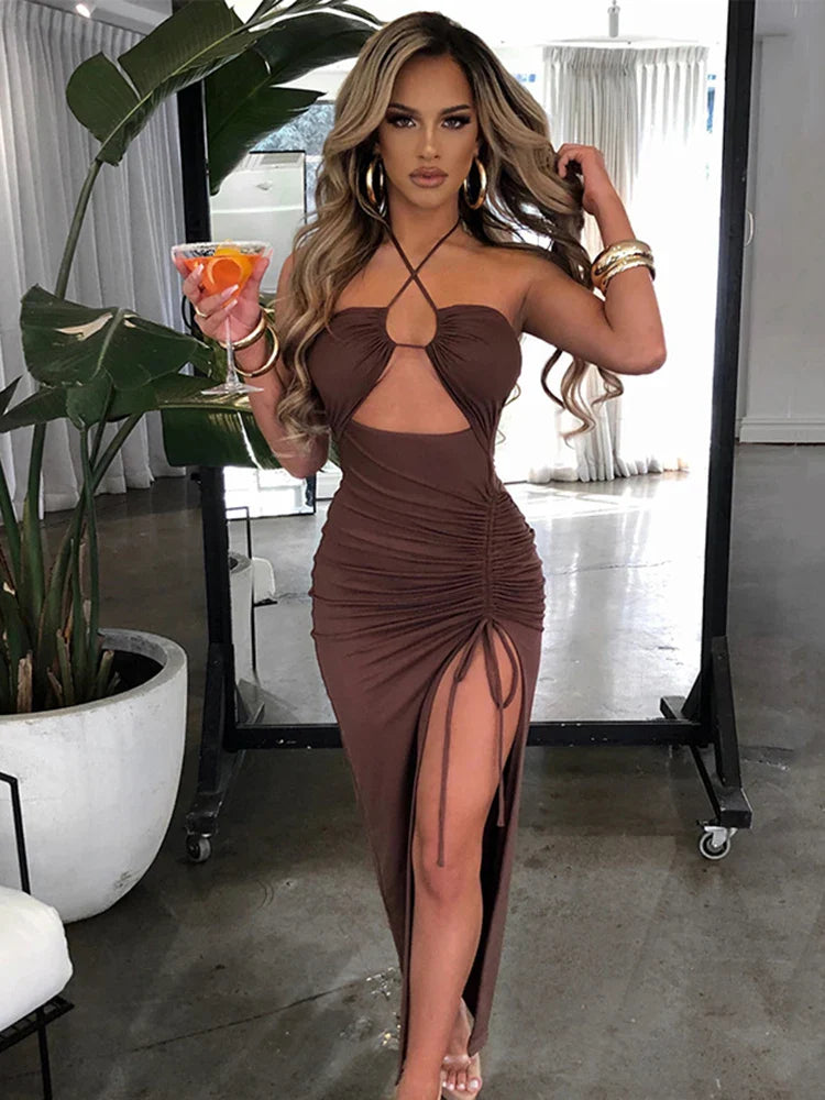 Summer Sexy Halter Backless Sleeveless Cut Out Maxi Dress for Women Ruched Elegant Club Party Slit Dresses Bandage Vestido 2023