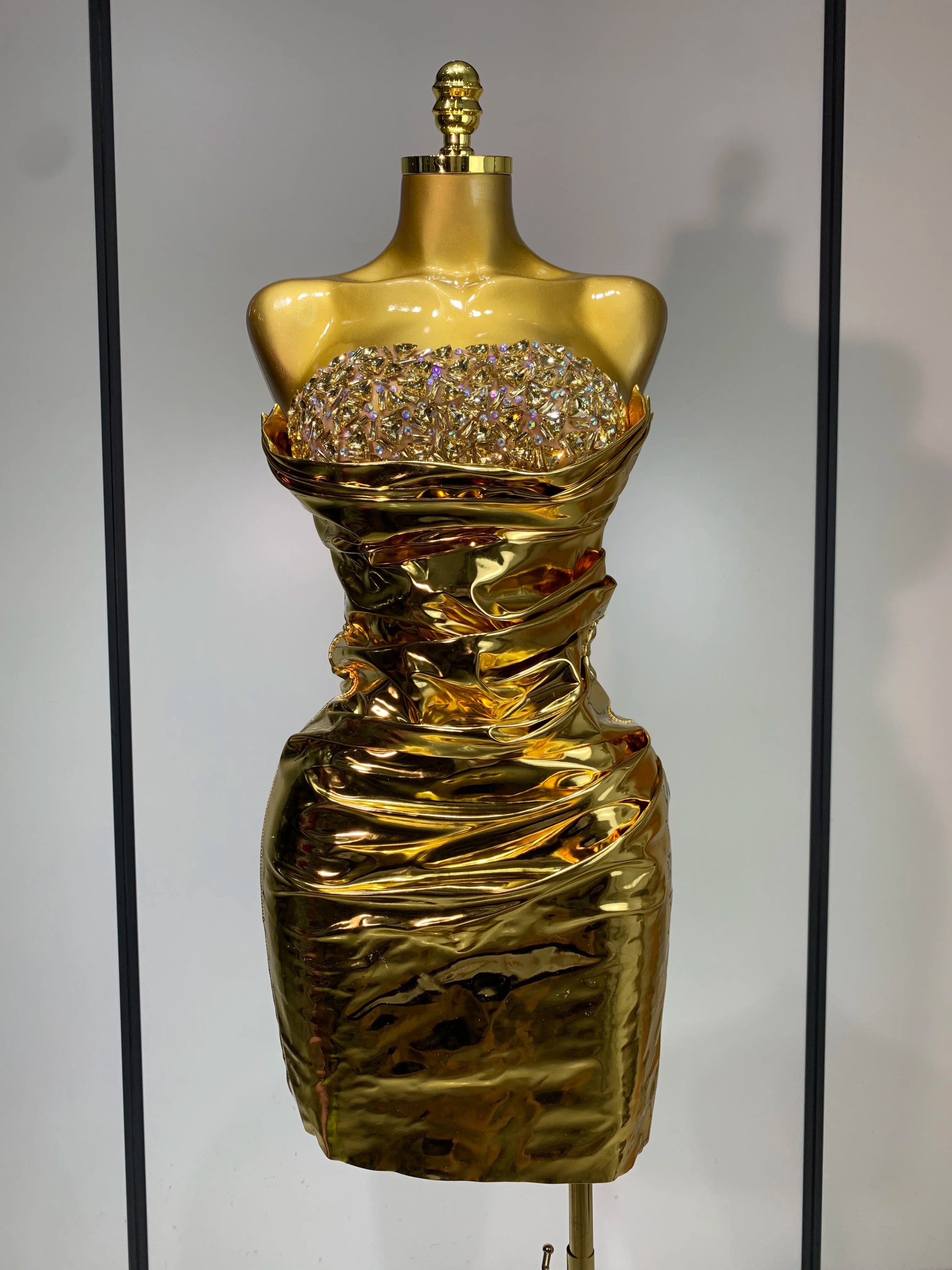 Sparkly Rhinestone Sexy Strapless Bodycon Mini Dress Women Luxury Birthday Evening Party Celebrate Performance Stage Costume Gold