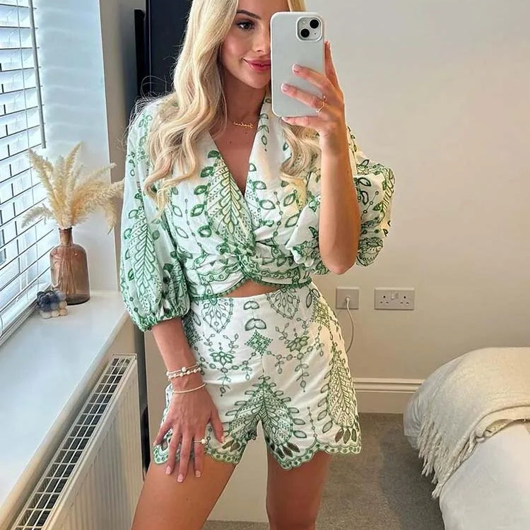 Summer new fashion embroidered blouses ladies shorts 2 suit dress