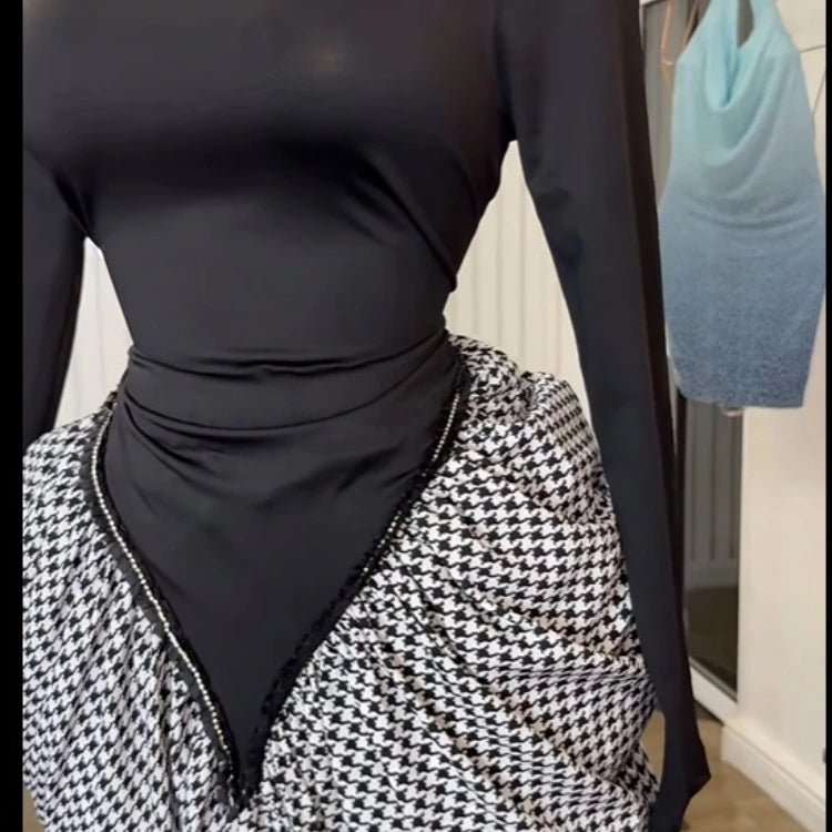 Women Houndstooth Stacked Ruched Side Long Sleeve Bodycon Midi Maxi Long Dress 2025 Birthday Vacation Sexy Party Dresses