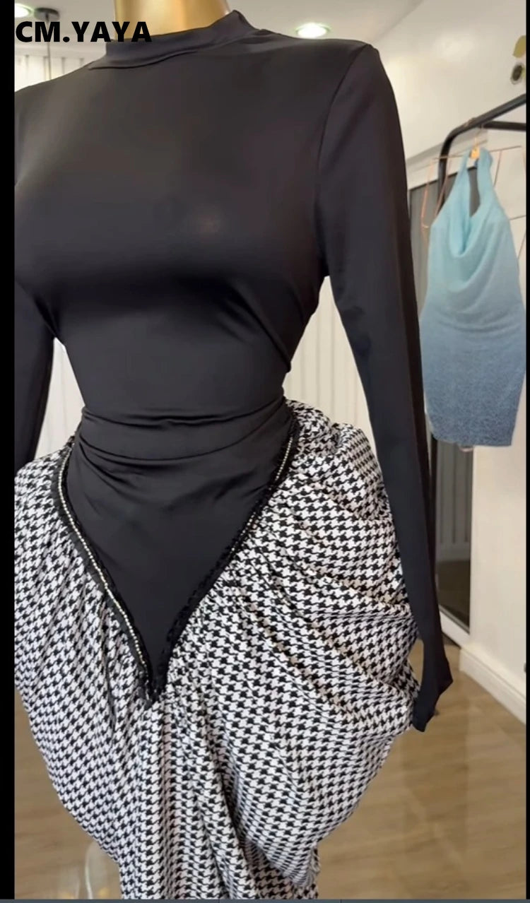 Women Houndstooth Stacked Ruched Side Long Sleeve Bodycon Midi Maxi Long Dress 2025 Birthday Vacation Sexy Party Dresses