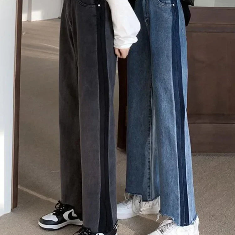 Korean Ankle Length New Hight Waist Side Stripe Straight Jeans Woman Baggy Big Size 5xl Wide Leg Denim Pants Spring