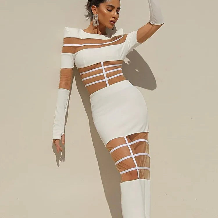 Autumn Sexy Long Sleeve Black Red White Ankle Length Mesh Women Celebrity Dress 2024 Elegant Party Evening Club Vestido WHITE