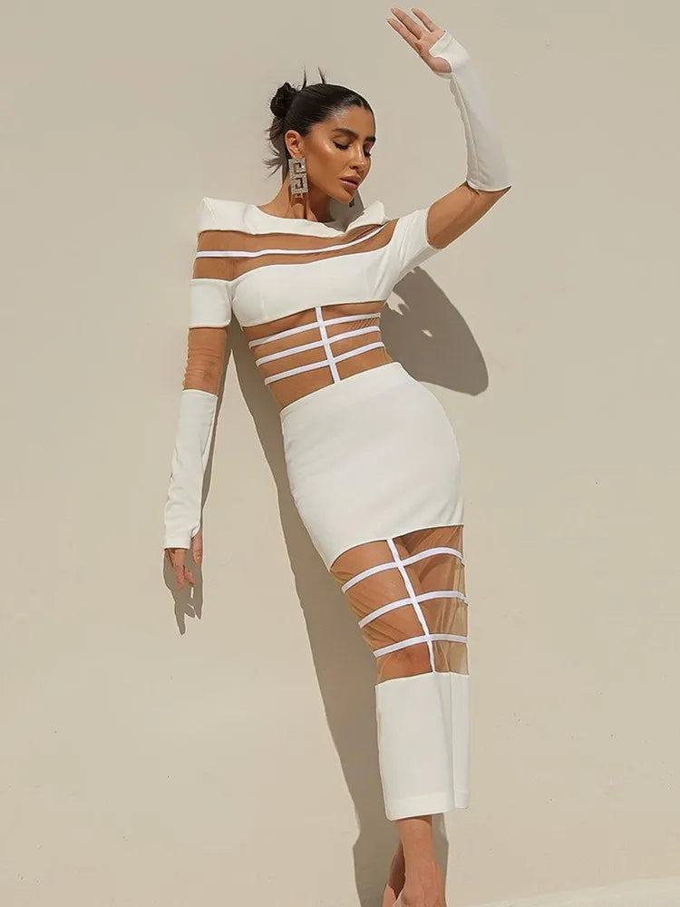 Autumn Sexy Long Sleeve Black Red White Ankle Length Mesh Women Celebrity Dress 2024 Elegant Party Evening Club Vestido WHITE