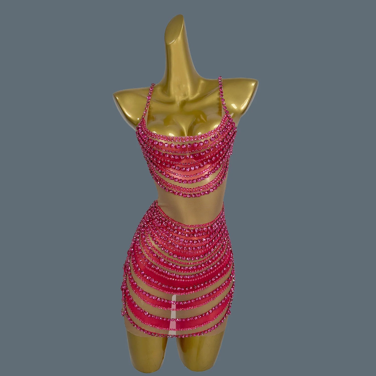 Elegant Party Dresses Luxury Women Sexy See Through Performance Costume Prom Crystals Diamonds Gowns Singer Stage Wear Fanwan Rose Red One Size