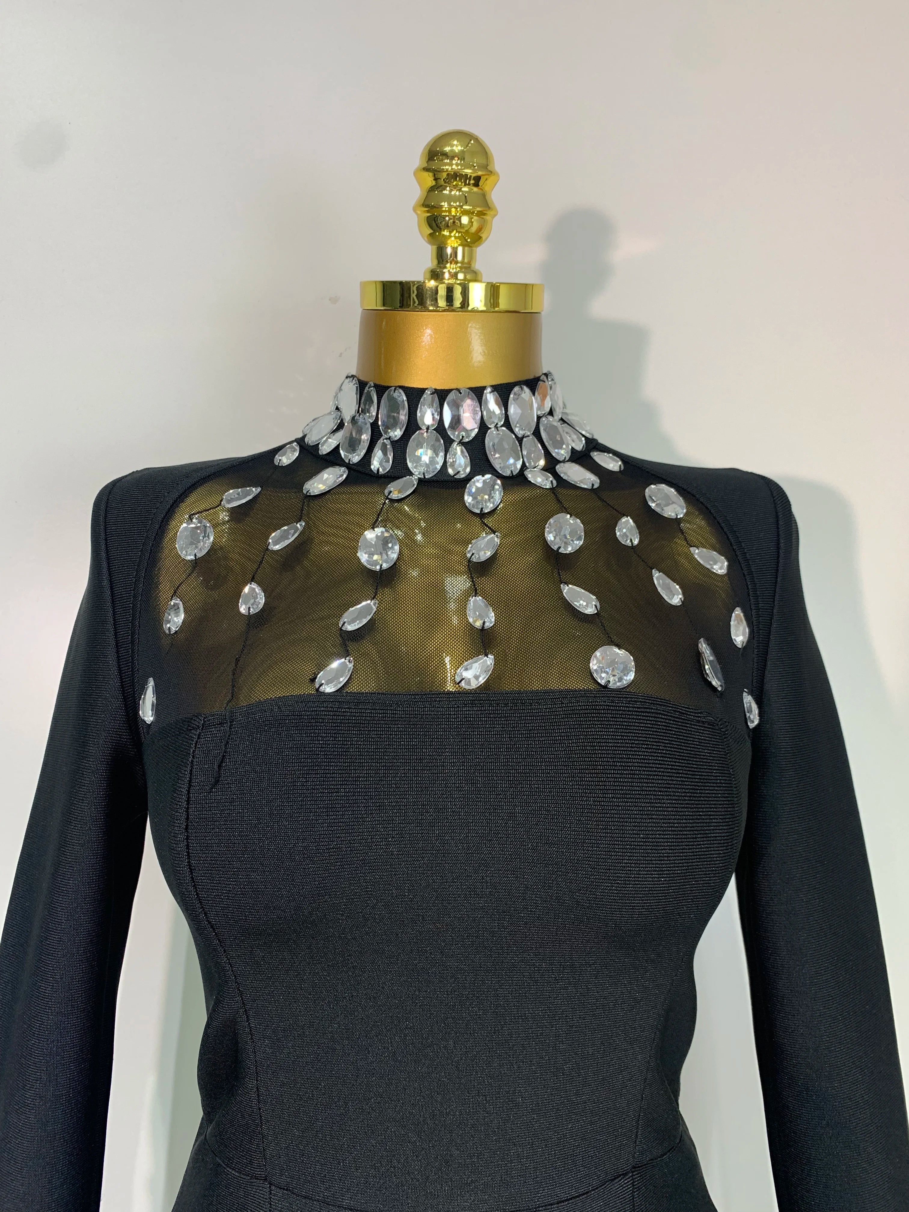 Luxury Birthday Dresses Sparkly Diamond Long Sleeve Black Bodycon Bandage Dress Women Wedding Evening Club Party Prom Gowns