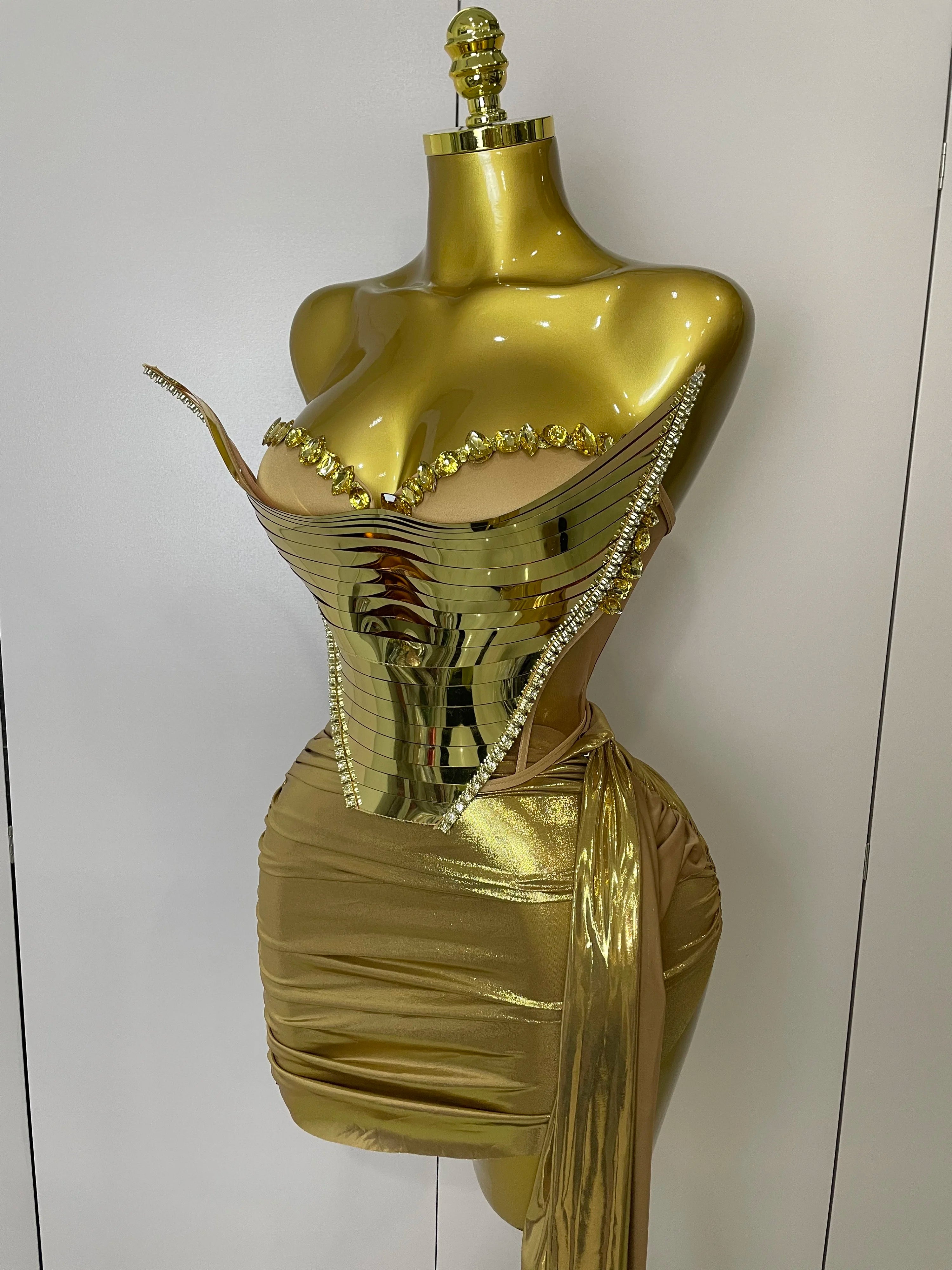 2025 Sparkly Gold Sequin Sexy Top Two Pieces Set Women Celebrate Party Birthday NightClub Performance Dancer Show Stage Outfit