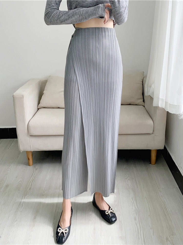 YUDX Women Pleated Solid Color Ankle-length Pants Elastic Waist Wide Leg Straight Female Trsouser Loose 2024 Summer Gray One Size