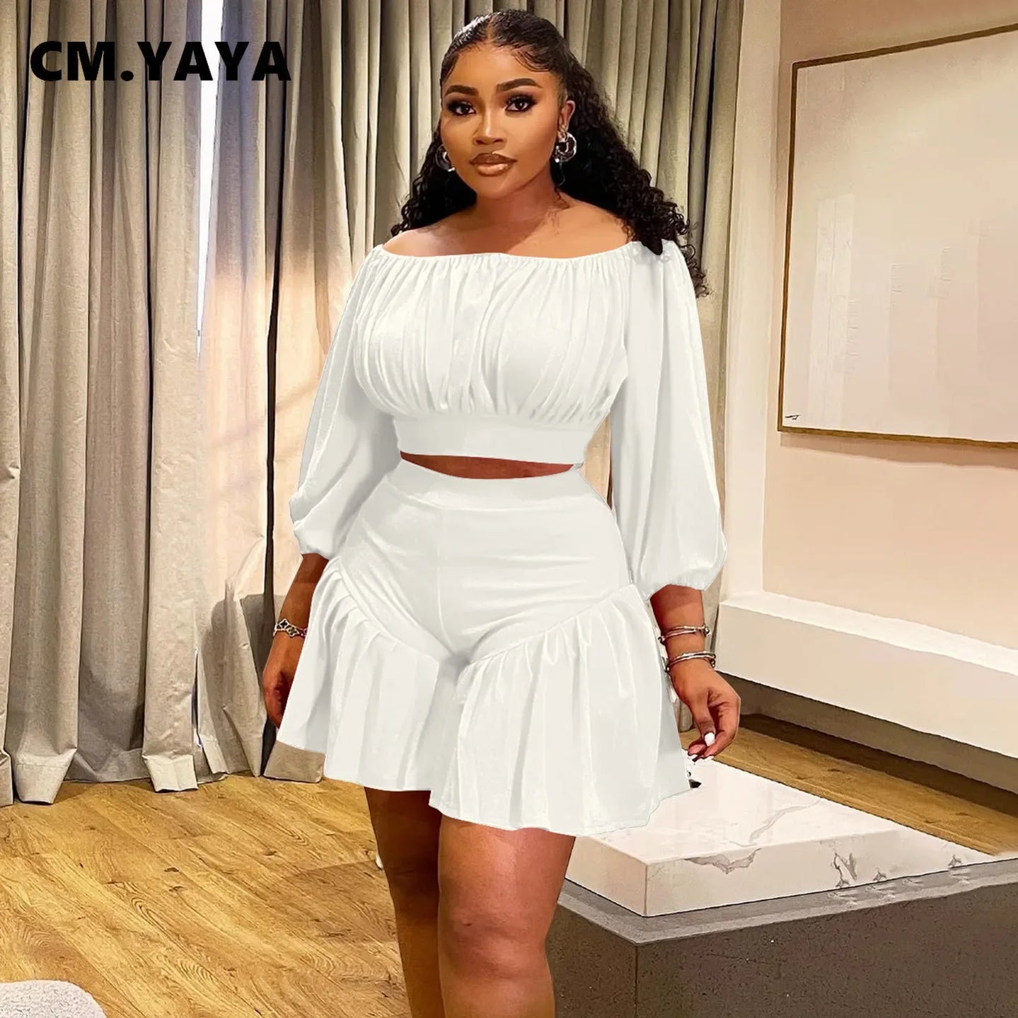 Plus Size Women's Set Long Sleeve Slash Neck T-Shirt and Shorts 2025 Summer Ruched Two 2 Piece Set Outfits Tracksuit