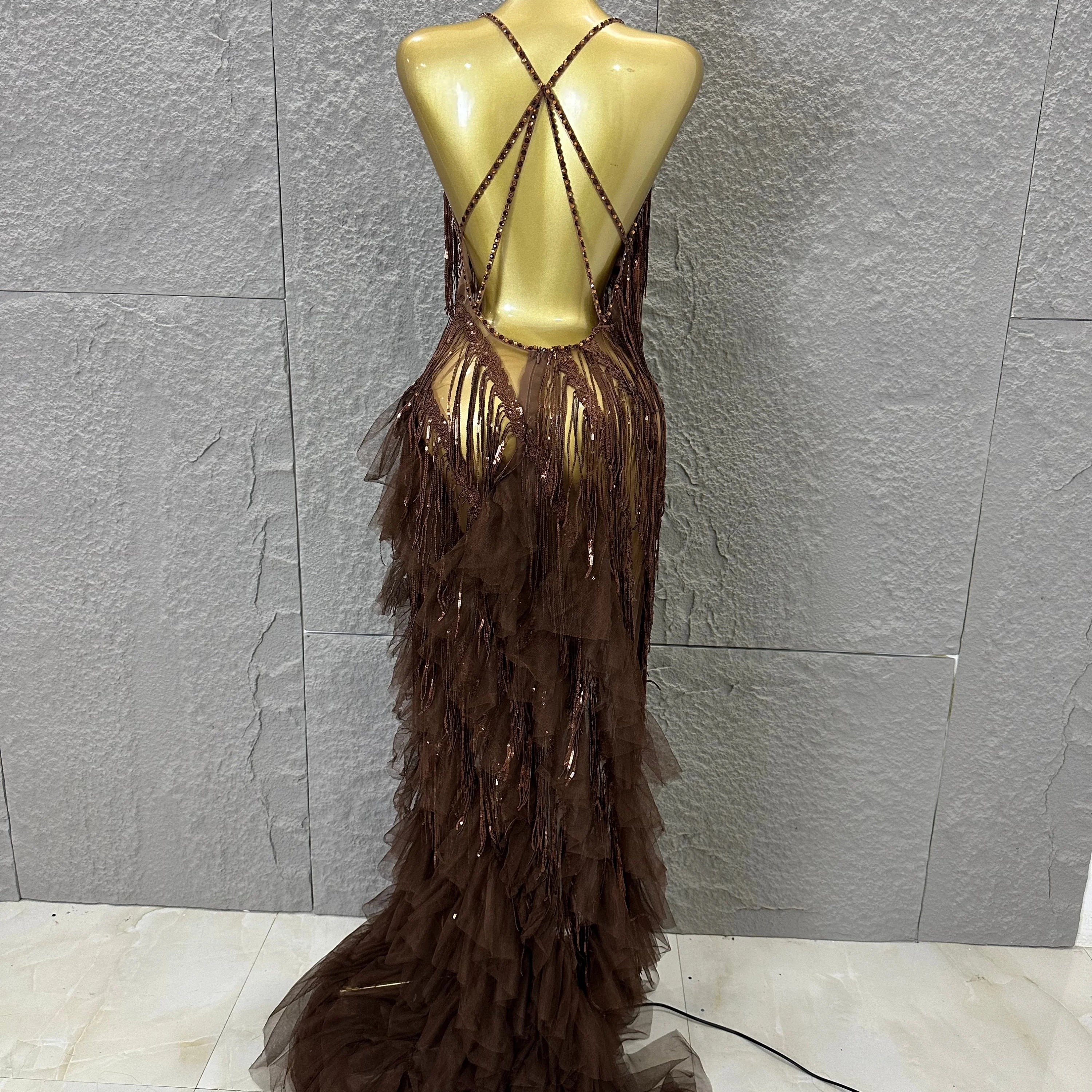 Elegant Brown Floowy Lace Women Sexy Spaghetti Strap V-Neck Tulle Ruffle High Slit Bodycon Outfit Evening Gala Party Costume