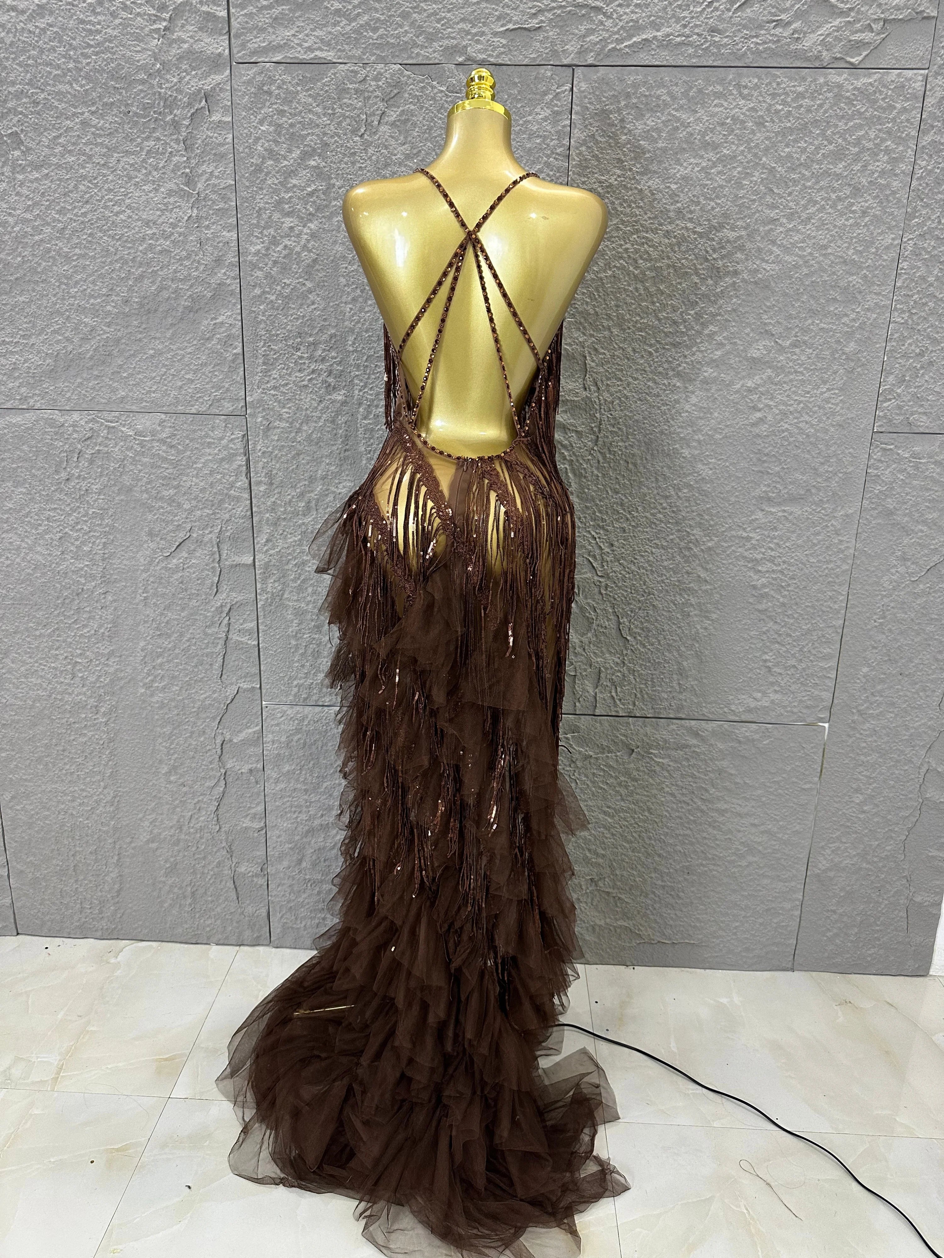 Elegant Brown Floowy Lace Women Sexy Spaghetti Strap V-Neck Tulle Ruffle High Slit Bodycon Outfit Evening Gala Party Costume