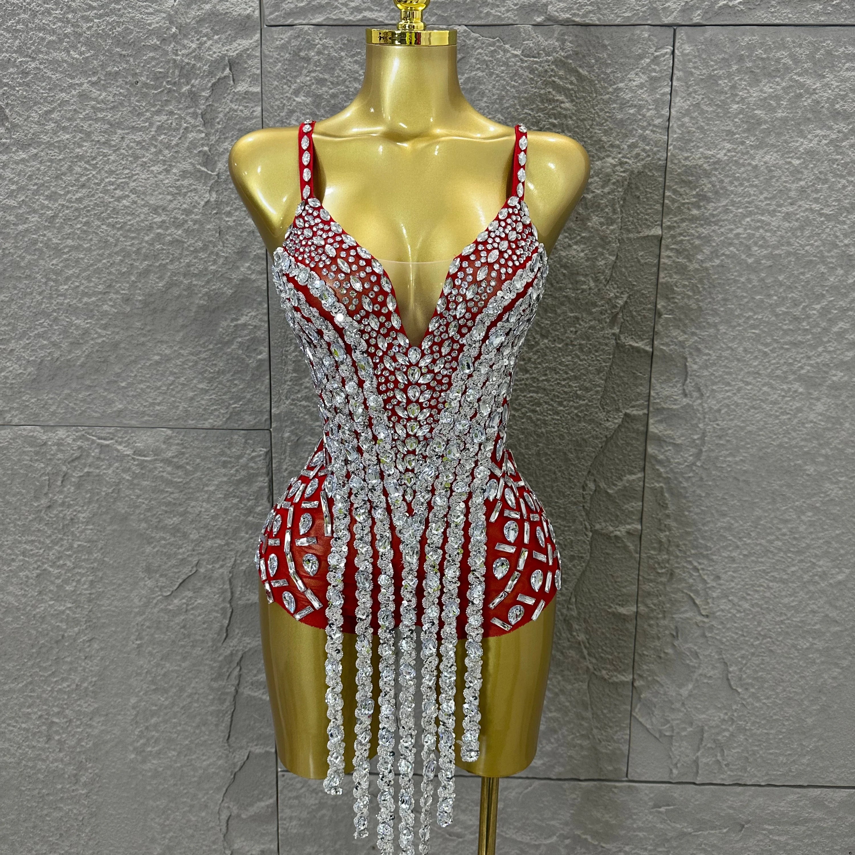 Sexy Sheer Mesh Bodysuit Women Spaghetti Strap V-Neck Full Crystal Embellished Fringe Bodycon Outfit Stage Performance Costume