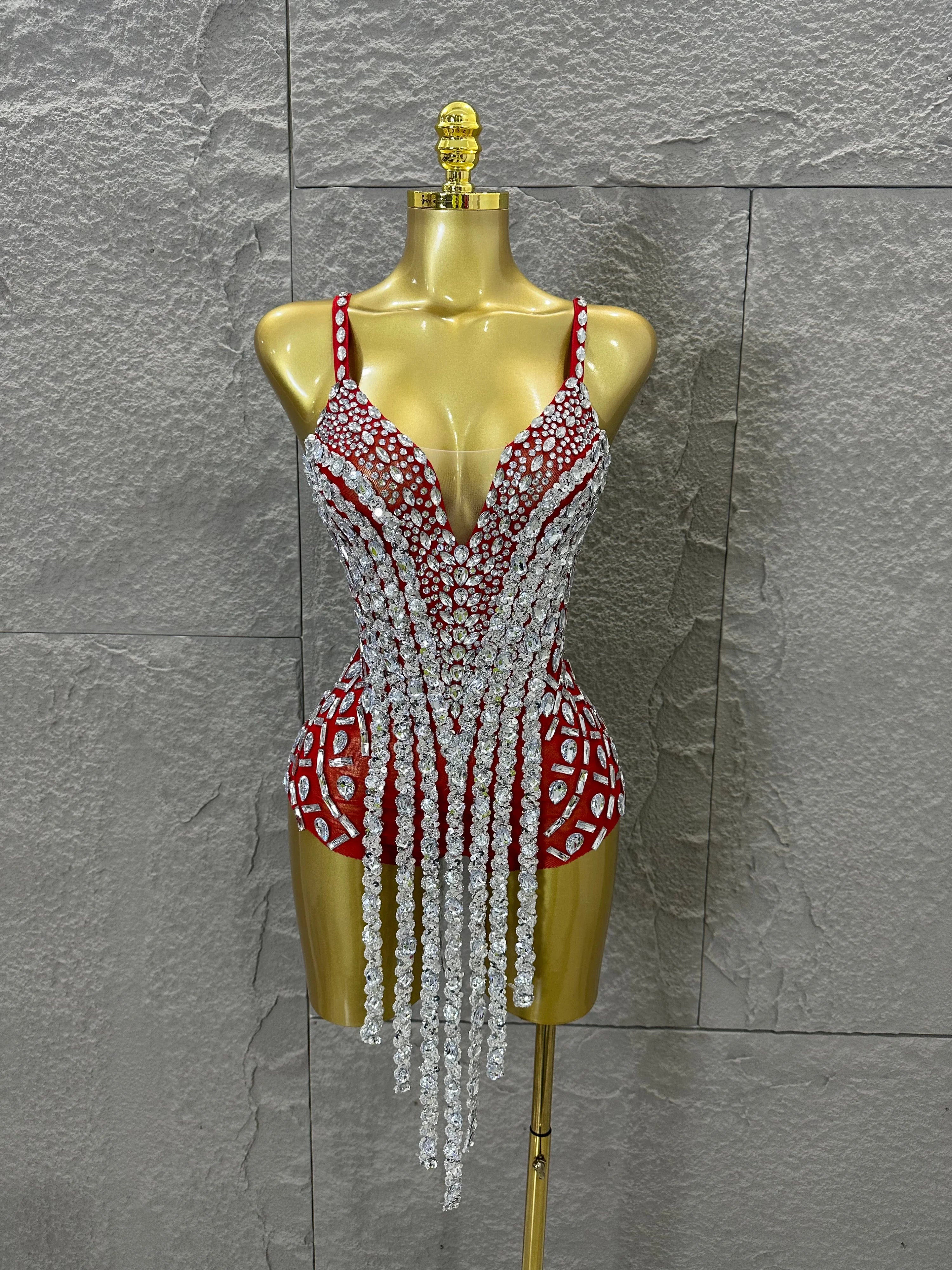 Sexy Sheer Mesh Bodysuit Women Spaghetti Strap V-Neck Full Crystal Embellished Fringe Bodycon Outfit Stage Performance Costume