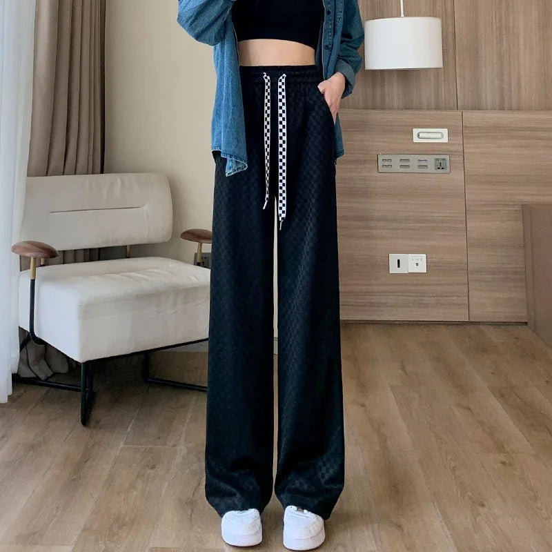 Summer Ice Silk Pants Women's Thin, High Waist, Casual Loose, Slim and Slimming Feeling, Floor Dragging Wide Legged Pants black