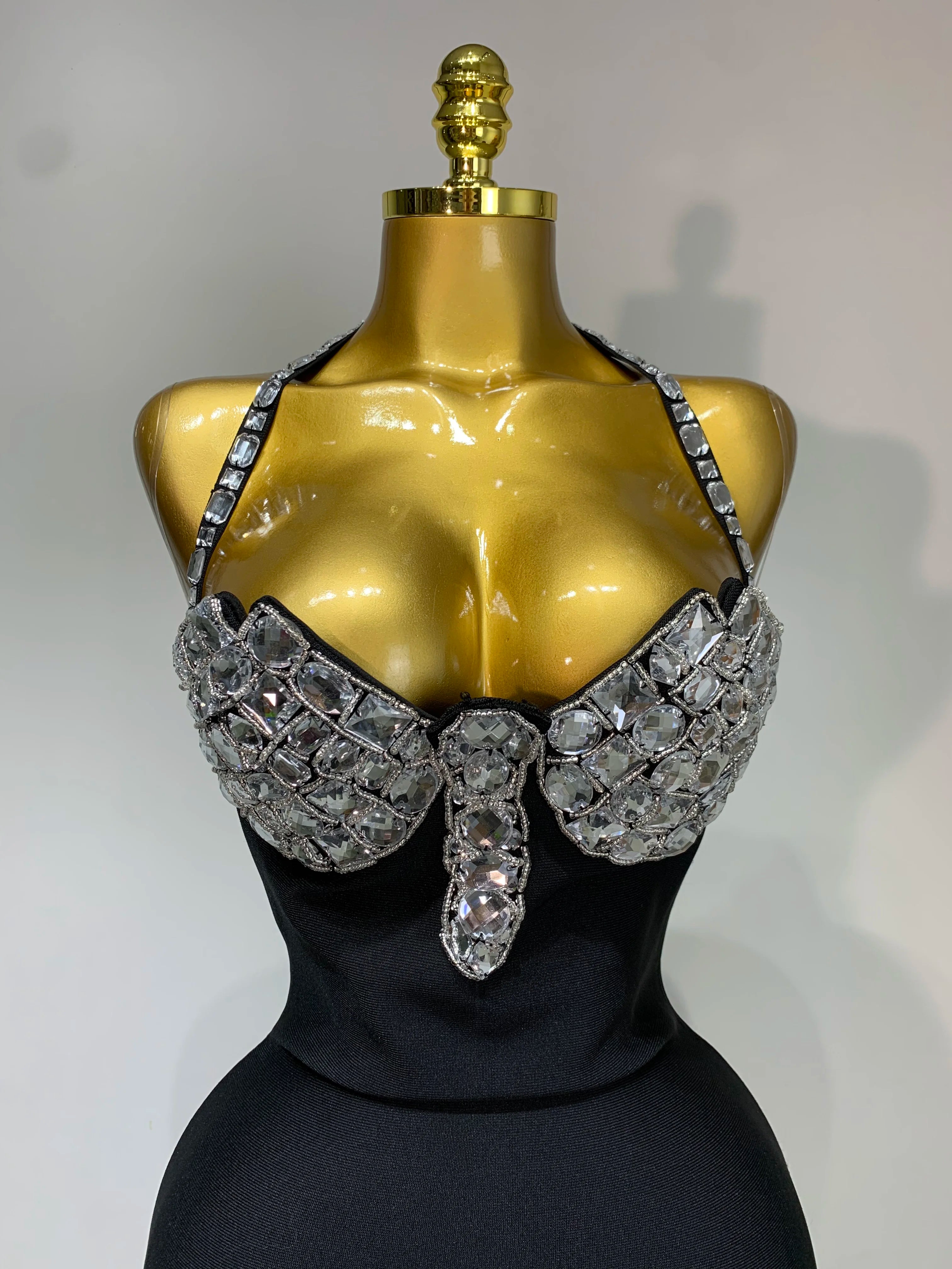 Women Sexy Halter Backless Diamonds Black Sleeveless Bodycon Bandage Dress Evening Club Party Gowns Luxury Birthday Dress