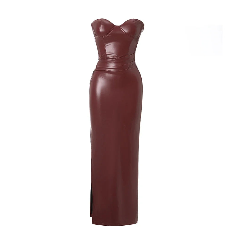 Suninheart Autumn Strapless Party Dresses 2024 New Arrivals Wine PU Corset Dress Sexy Midi Bodycon Night Event Dress Women