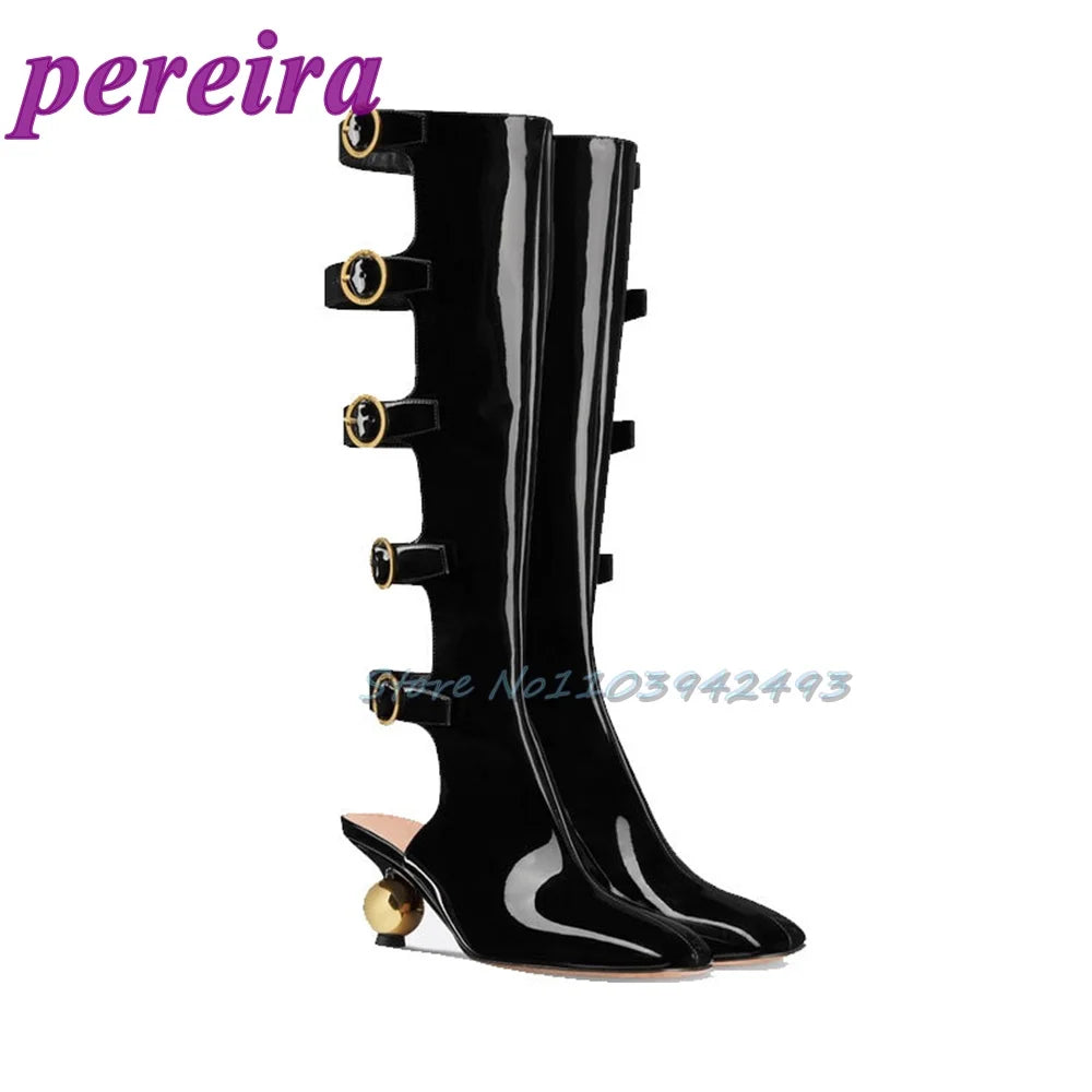 Multi Buckle Strap Heels Strange Style Women Summer Boots Metal Decor Heeled Sandals Square Toe Patent Leather Hollow Sandalias