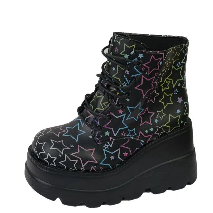 Winter Women's Gothic Platform Ankle Boots Fashion Wedge Lace Up High Heels Women's Boots Street Fashion Women's Shoes black 2