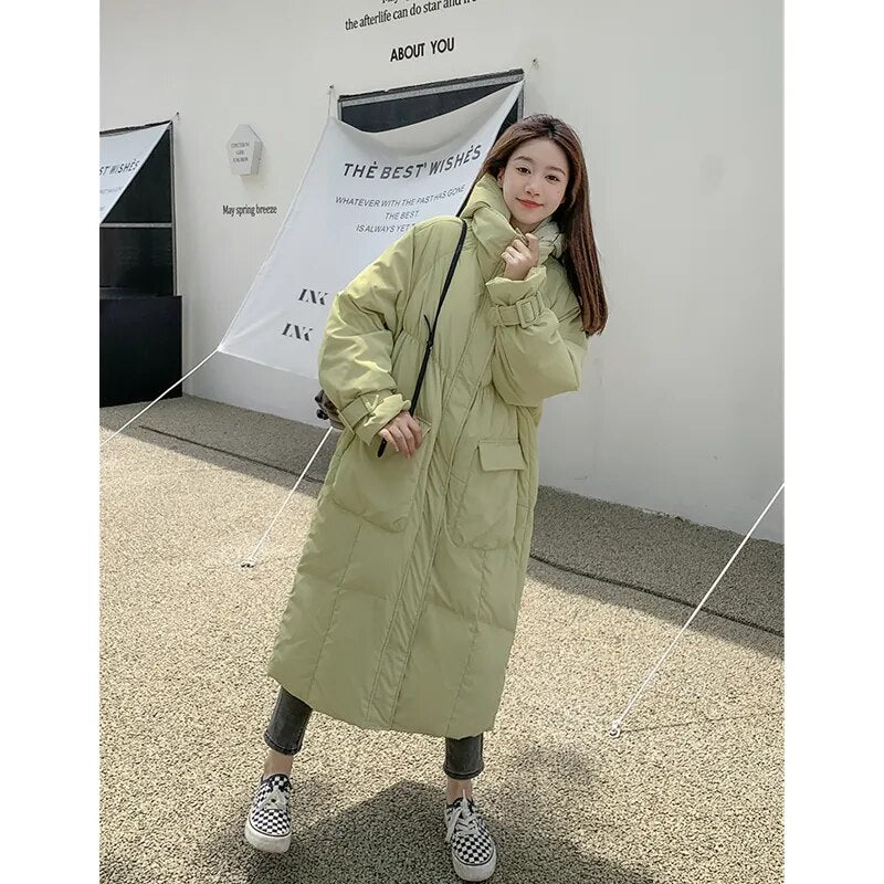 Women's Green Down Jacket Hooded Long Cotton Clothes Winter New Korean Fashion Loose Oversized Warm Thicken Windproof Coat Tops Green