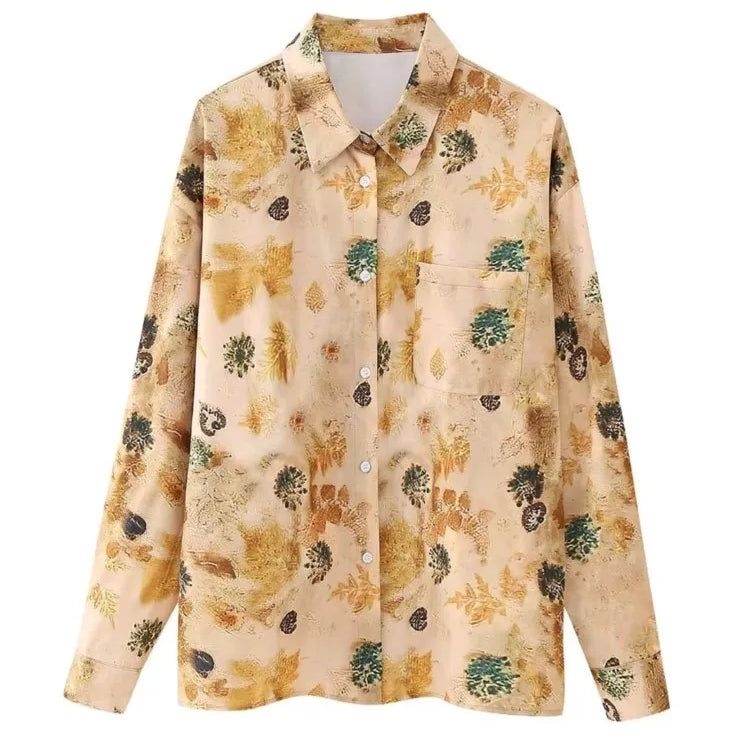 Aonibeier Thin Satin Printed Women Loose Shirt Suits Traf Summer Long Sleeve Casual Blouse Female Wide Pants Sets Y2K One Piece Top