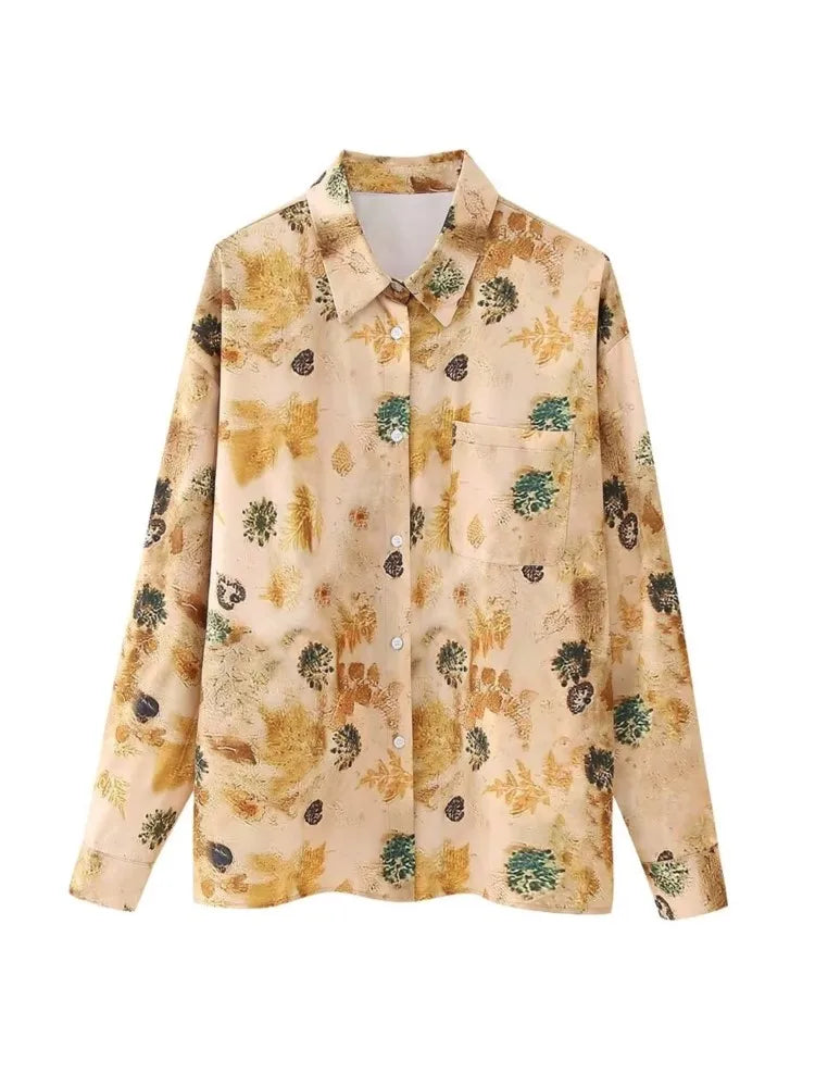 Aonibeier Thin Satin Printed Women Loose Shirt Suits Traf Summer Long Sleeve Casual Blouse Female Wide Pants Sets Y2K One Piece Top