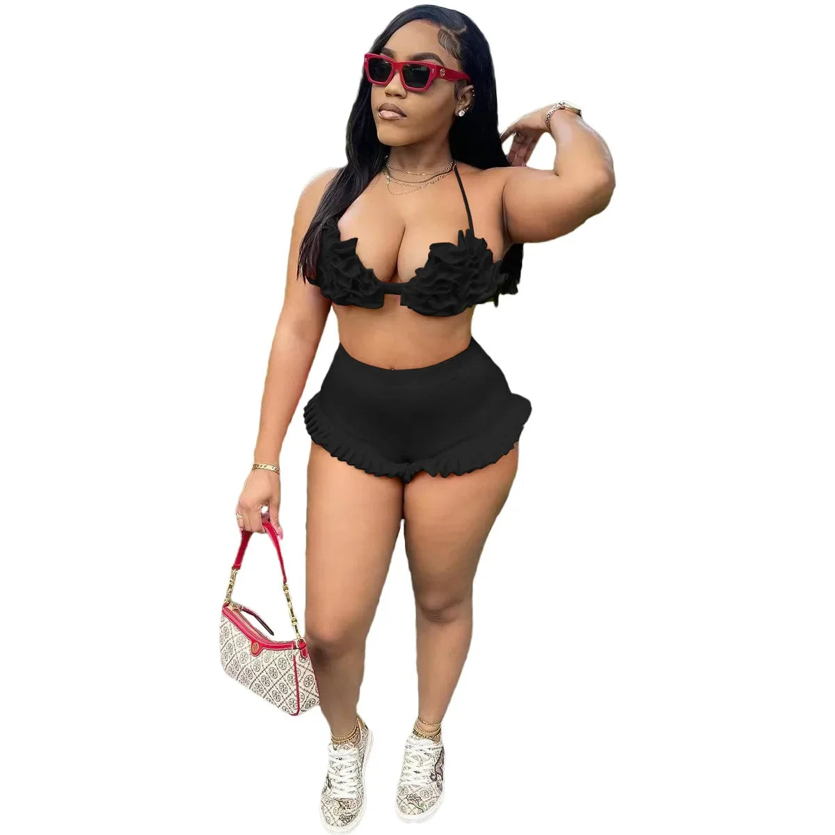 Women's Set Ruffles Crop Top Bra and Shorts Bikini Set Streetwear Casual Two 2 Piece Outfits Summer 2024 Beach Holiday black