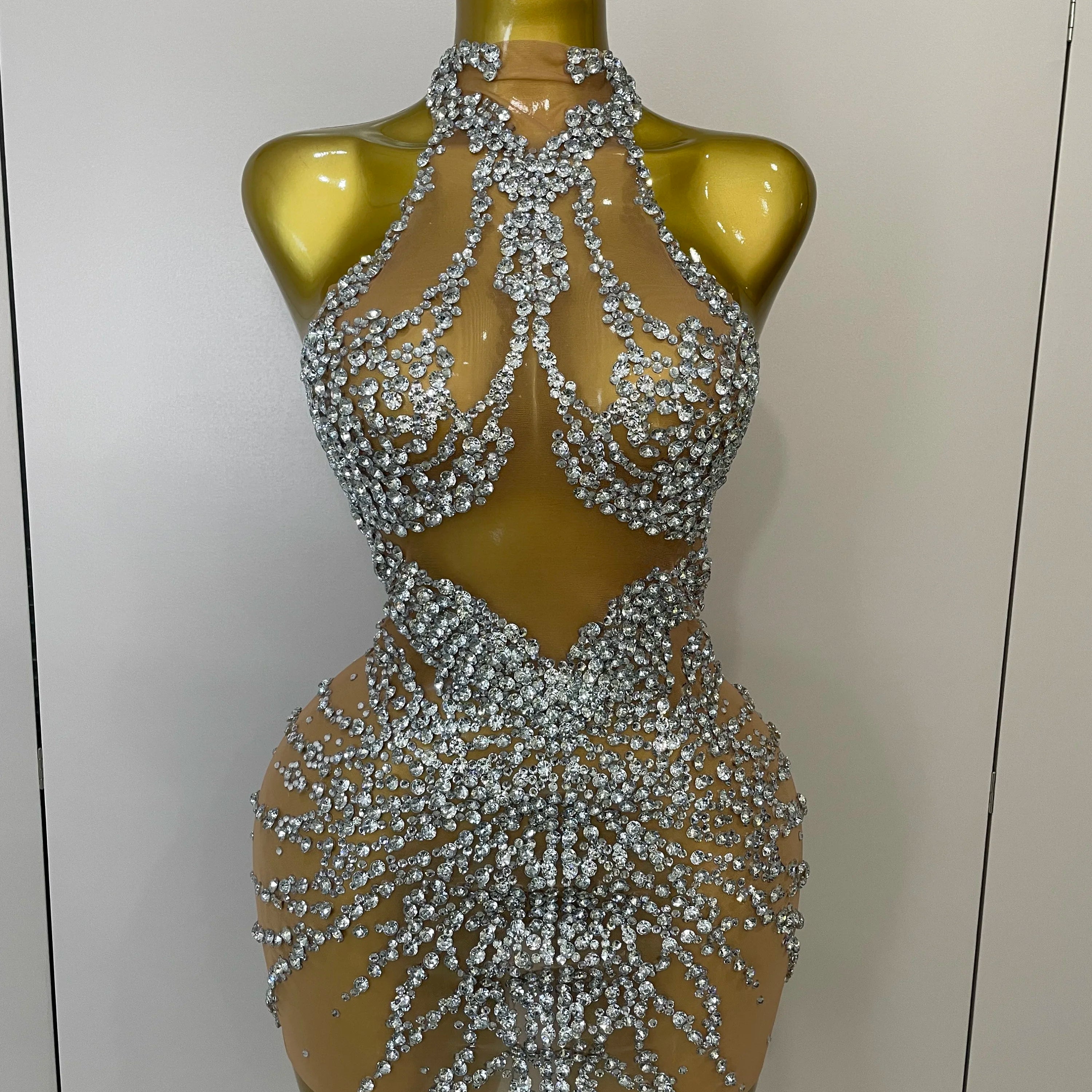 STOCK Sparkly Rhinestones Sexy Mesh See Through Dress Party Evening Prom Celebrate Birthday Dress Singer Dancer Show Stage Wear Silver