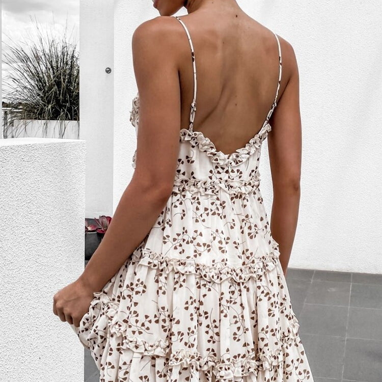 Xylocarp QL1301 2024 Spring And Summer New Small Fresh Sweet Digital Print Suspender Lace Dress