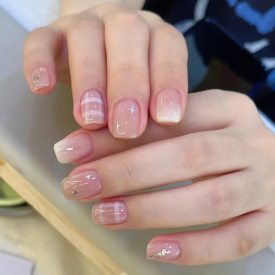 24pcs/set short Medium square fake nails for women gradient nude pink flowers french almond summer tips press on false nail art 2175