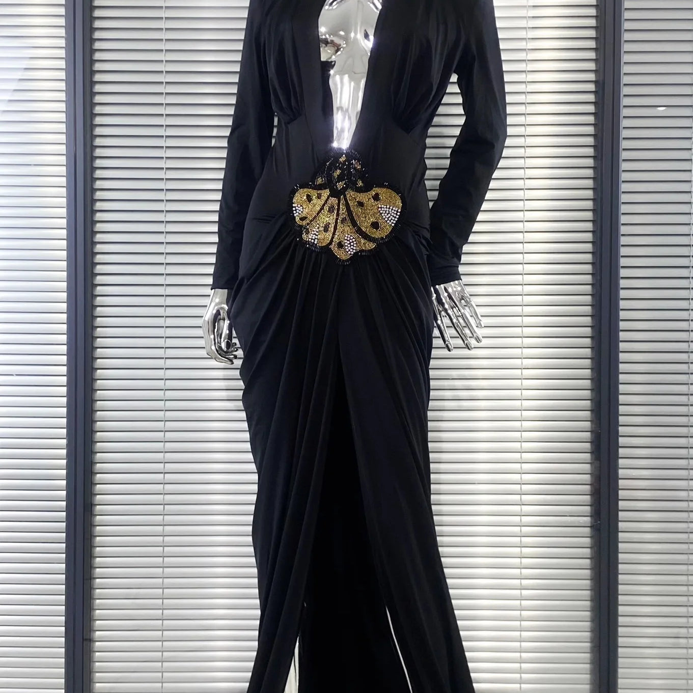 2025 New Beaded Decoration Sexy V-Neck Package Hip Black Floor Length Dress Celebrity Party Dress Woman Cocktail Outfit