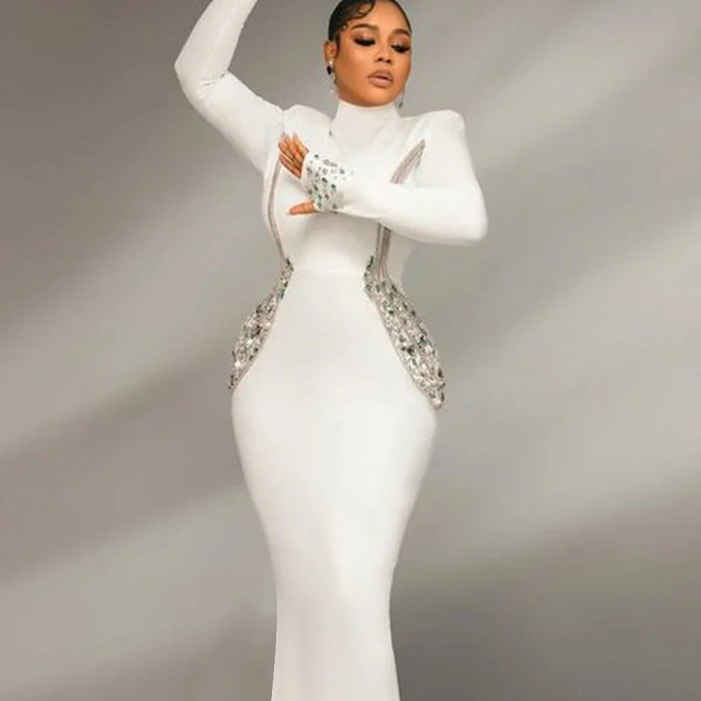 2024 Sexy Women's Heavy Industry Beaded Bandage Dress Bodycon Stand Collar Long Sleeve Midi Dress Cocktail Evening Party Vestido
