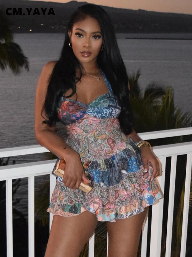 Women Halter Sleeveless Strapless Ruffles tiered Mini Dress 2025 Summer Holiday Sexy Beach Party Birthday Street Dresses