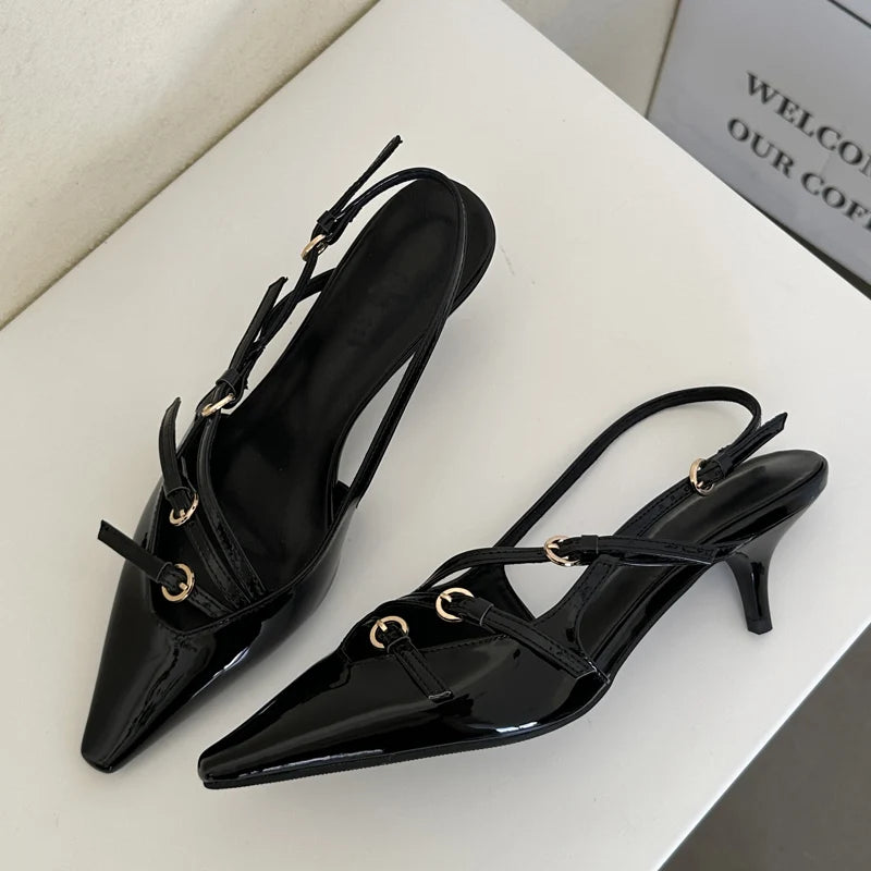 Eilyken Designer Narrow Band Buckle Strap Pumps Women Sexy Pointed Toe Thin Heels Wedding Banquet Dress Mule Ladies Shoes Black