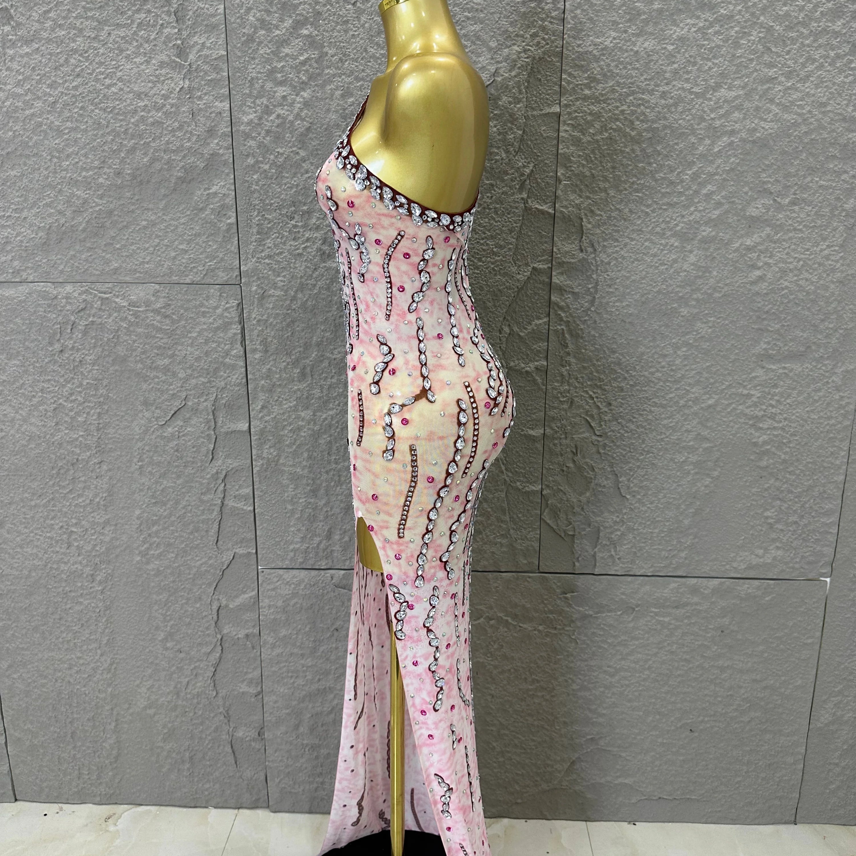 Women Sexy One-Shoulder Crystal Rhinestone Cutout High Slit Sheer Mesh Bodycon Outfit Stage Performance Evening Party Costume