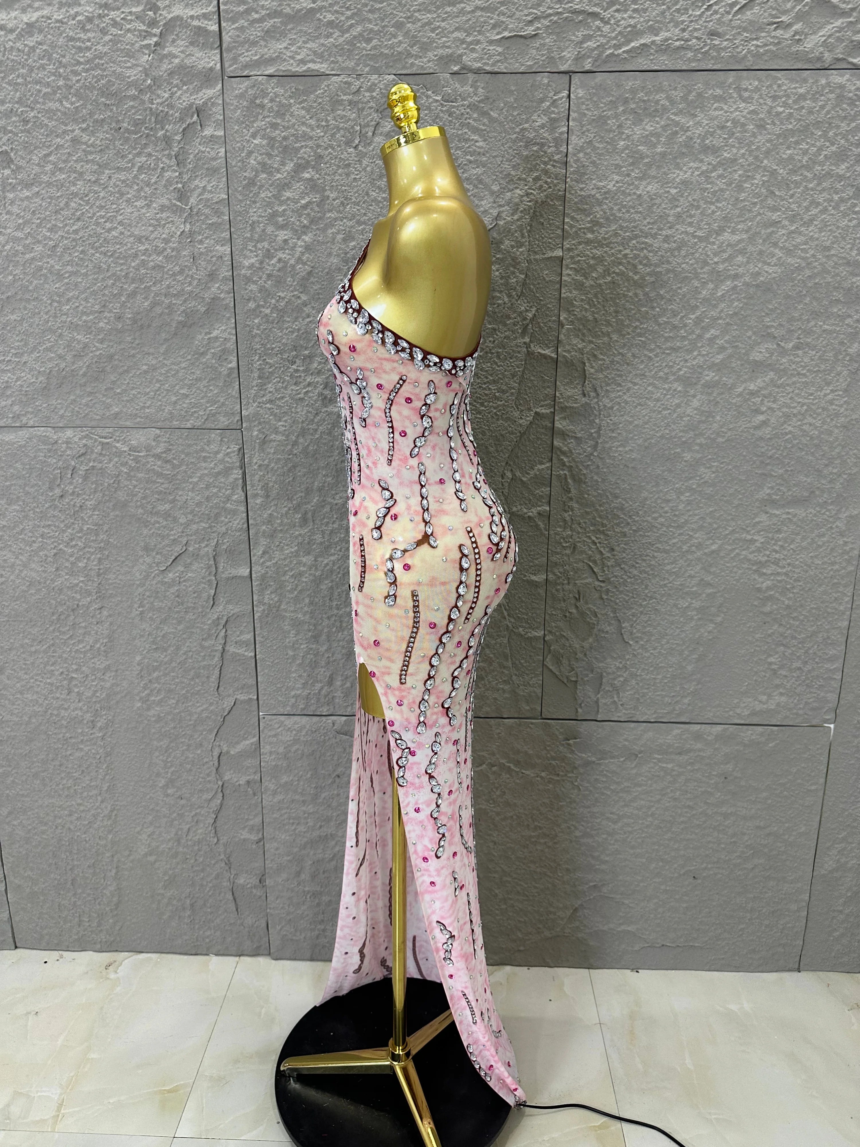 Women Sexy One-Shoulder Crystal Rhinestone Cutout High Slit Sheer Mesh Bodycon Outfit Stage Performance Evening Party Costume